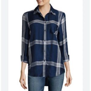 A.N.A Women Navy White Stripe Long Sleeve Shirt Size L